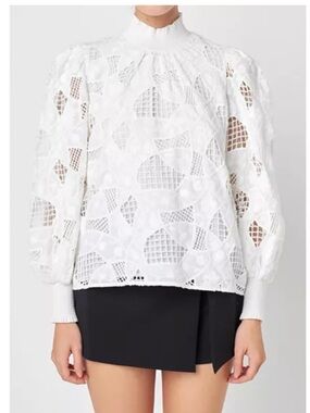 English Factory White Lace High-Neck Puff Sleeve Blouse